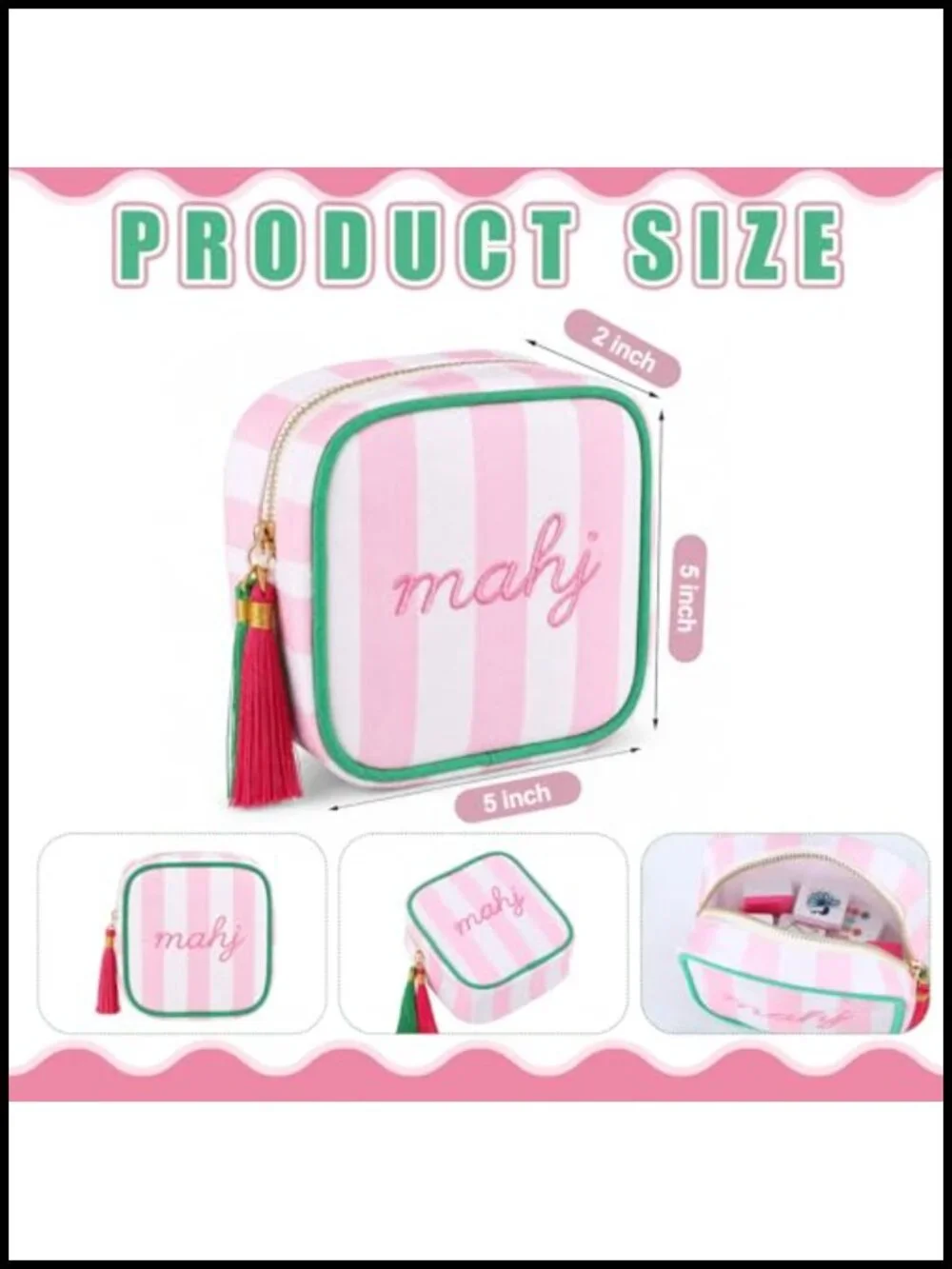 Pink Striped Mahjong Dice Bag, Small Zipper Pouch for Travel Makeup, Jewelry,